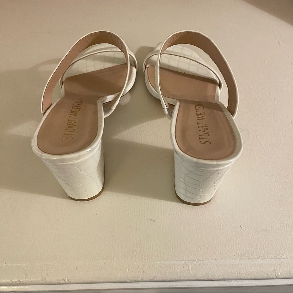 Stuart Weitzman White Croc-Embossed Leather Slide Mules - Picture 3 of 5